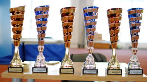 Šešios apdovanojimų taurės pastatytos ant stalo