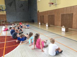Būrys vaikų sėdi sporto salėje
