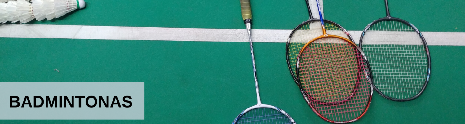 Keturios badmintono raketės ir plunksninukai padėti ant ryškiai žalios badmintono aikštelės